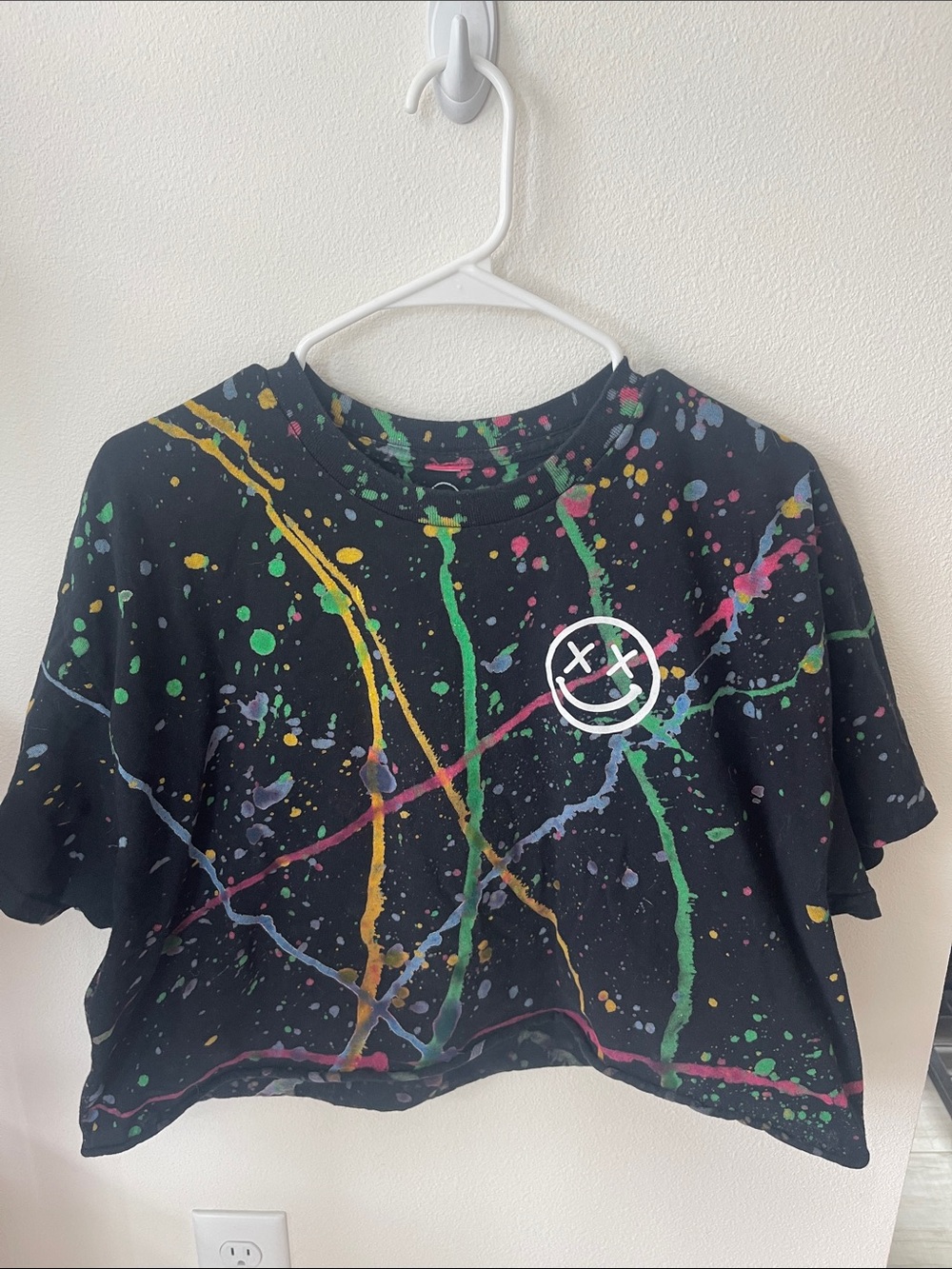 Salty Savage Black Paint-Splatter Crop Tee with Smiley Graphic